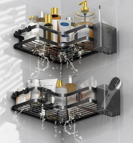 VILCEN Mensola da Doccia Angolare, Portasapone Doccia Senza Foratura, Porta Bagnoschiuma Shampoo da Doccia, 5 Pezzi Organizer Doccia, Doccia Con Dentifricio e Porta Rasoio Accessori, Nero