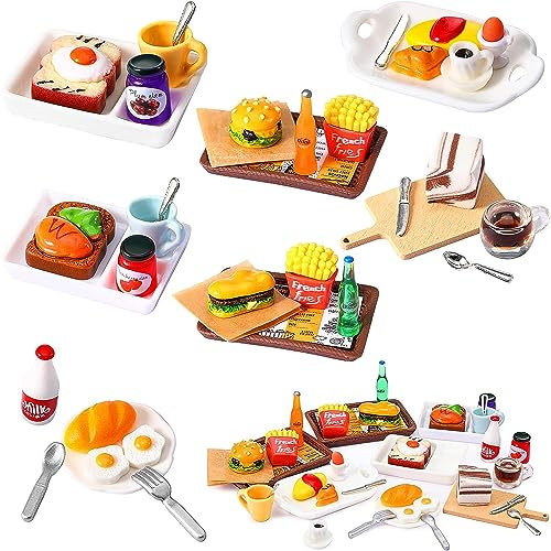 Accessoires de Cuisine Miniatures, Accessoires de Cuisine de Noël Miniature, 1:12 Nourriture Miniature pour Poupée avec Miniature Hamburger Frites œuf Pain Lait, Mini Aliments pour Maison de Poupée