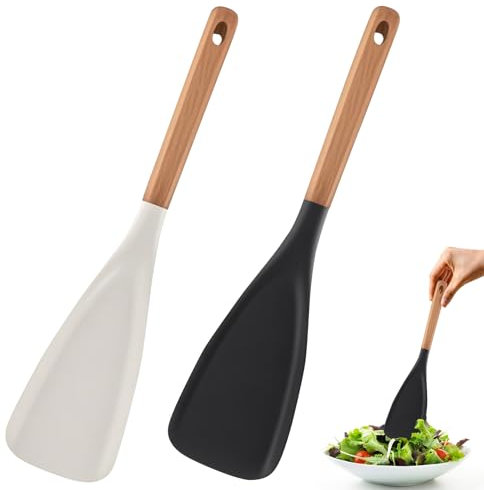 2PCS Multi Function Spoon Spatula, 2-in-1 Long Wood Handle Matte Silicone Scoop Salad Spoons, Cooking Spoon for Nonstick Cookwares, Multi-Function Spatula