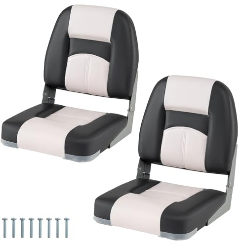 GYMAX 2 Pack Folding Boat Seat, Low Back Captain Chair with High-density Sponge Padded Cushions, Waterproof PVC Leather Ergonomic Fishing Boat Seat (Dark Gray+White)