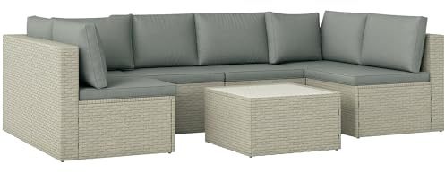 Outsunny Salon de Jardin extérieur modulable 6 Personnes en résine tressée, Salon de Balcon avec canapés et Table Basse en Verre trempé Coussins déhoussables Inclus pour Patio Balcon terrasse, Marron