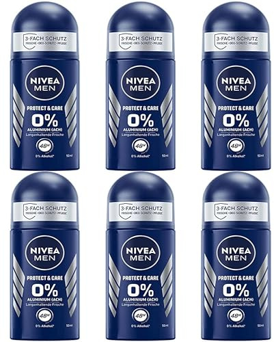 Desodorante antitranspirante NIVEA Men Protect & Care Roll-On Roll-On para hombre, 0% alcohol y aluminio (ACH) Desodorante Roll-On para 48 h 50 ml (paquete de 6)