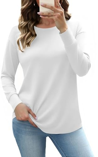 Totatuit Tunique Femme Élégante Col Rond Manches Longues Haut Chic Coton Extensible Idéal Bureau et Loisirs Blanc，L