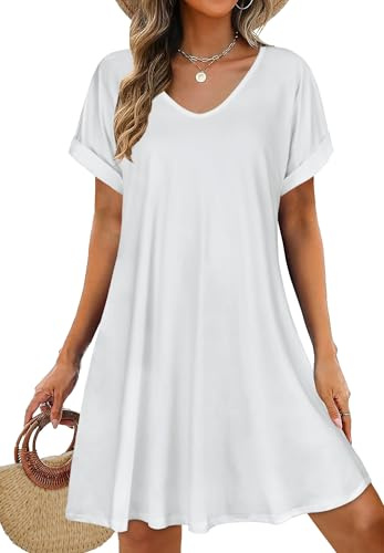 elescat Sundresses for Women Summer Casual Loose V Neck Short Sleeve Tshirt Dress with Pockets (Solid White, M)