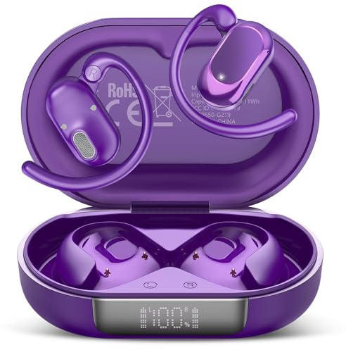 STECEi Auriculares Oreja Abierta Bluetooth 5.4, 2025 Auriculares Inalámbricos Deportivos con Gancho, 38H Estéreo Inalambricos Bluetooth con Pantalla LED, Control Táctil, IP7 Impermeable, Morado