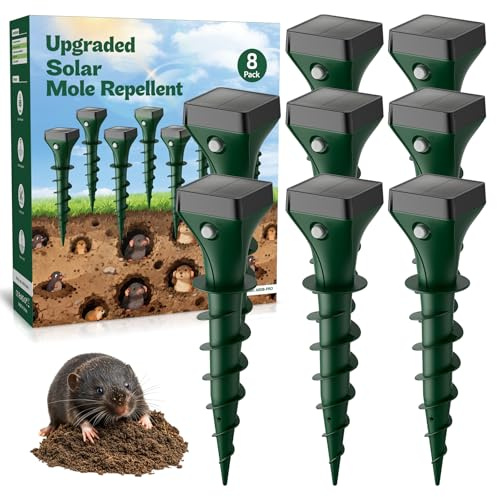 Mole Repellent Solar Powered, 8 Pack Snake & Skunk Repellent for Yard, Ultrasonic Mole Stakes for Lawns, IP65 Waterproof Gopher Repellent to Get Rid of Gopher, Vole, Chipmunk and Groundhog for Farm