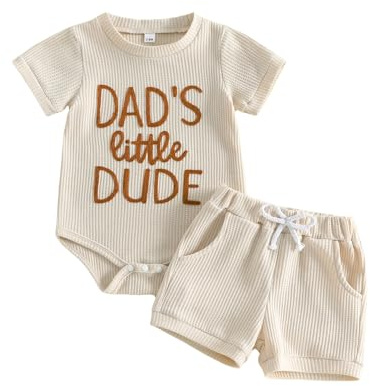 Loalirando Baby Boy Summer Clothes 2-Piece Waffle Outfit Set Letter Embroidered Short Sleeve Romper Elastic Waist Shorts Set for Newborn Infant Boys (Apricot, 3-6 Months)