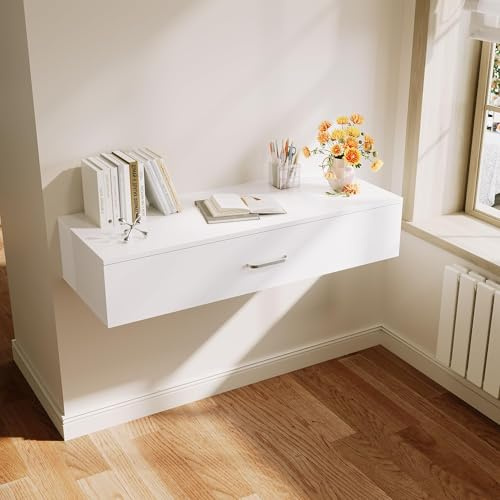 ELEGANT Wall Mounted Dressing Table with Drawer, White Desk, 100x38x20cm | Floating Wall Shelf Storage Unit with Partition Storage, High Gloss Vanity Desk for Girls Women Bedroom Living Room Office