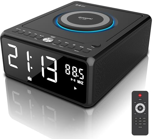 Gelielim Elegant Home CD Player, Alarm Clock with Wireless Charging, Bluetooth Boombox with Remote, FM Radio (No AM)/AUX/USB/Timer/Dimmer, Portable CD Radio Player for Home