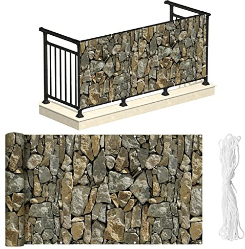 NAIMORUI PVC Balcony Privacy Screen Decorative Balcony Cover with Nylon Rope- 34'' x 180''(Stone)