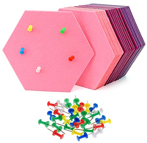 HonGien 21 Stück Filz Pinnwand Sechseckig,Sechseckig Memoboard,Pinnwand Kork mit 30 Stück Mehrfarbigen Pushpins,Korkplatte für Foto Hängen,Heim Büro Klassenzimmer,Rosa und Lila