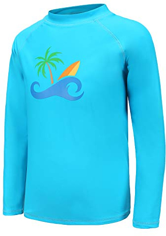 Top da nuoto a maniche lunghe per bambini a un pezzo rash guard costume da bagno ragazzi rash vest età 5 – 14 anni, Blue Coco, 7-8 Anni