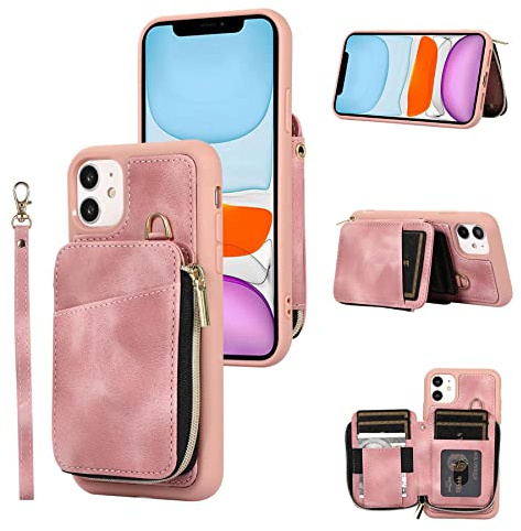 ZCDAYE iPhone 14 fodral med dragkedja, plånbok, läder mobiltelefonskal med handrem, praktisk mobilväska fodral för iPhone 14 (6,1 tum), rosa