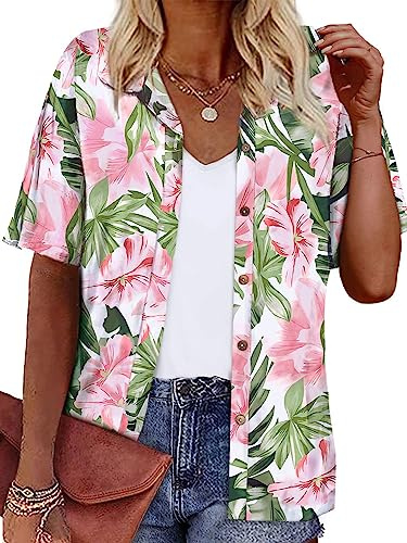 LILYCHIC Women’s Hawaiian Shirts Tropical Outfits Luau Summer Beach Tops Short Sleeve Floral Casual Blouses Pink M