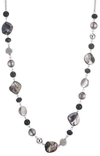 FULU AUTUMN Long Silver Beaded Necklace for Women Chain Necklace with Shell Crystal Pearl Beads Fashion Jewellery Gifts for women(Black)