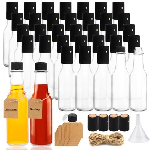 GUANENA 35 Pack 5oz Hot Sauce Bottles, Clear Glass Woozy Bottles with Leak Proof Black Screw Caps, Dripper Inserts and Shrink Capsules, Empty Small Wine Bottles with Labels (Bonus Funnel and Twine)