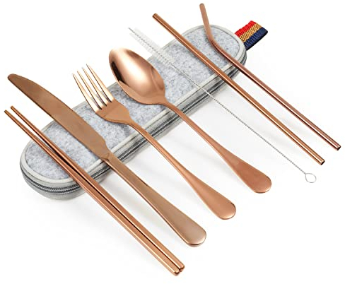 Göffel Travel Cutlery, Pack of 8 Travel and Picnic Tableware, 1 Person, Dishwasher Safe, Includes Knife, Fork, Spoon, Chopsticks, Cleaning Brush, Straw with Carry Bag, Fade-resistant (Rose)