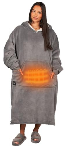OHS Heated Hoodies for Women Extra Long Grey, Electric Oversized Heated Jumper Soft Sherpa Fluffy Gifts for Her, USB Powerbank Charging
