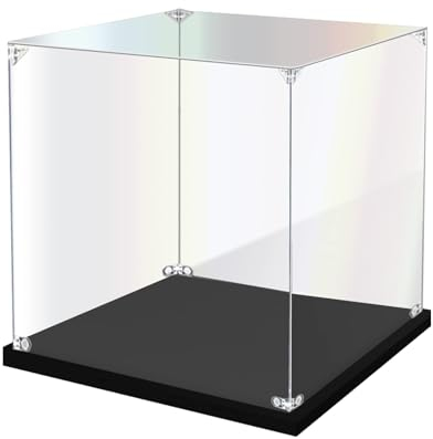 DOFOPO Klar Acryl Vitrine Selbstmontierbare Schaukasten Acryl Box für Sammlerstücke Staubdichte Präsentationsbox mit Schwarzer Basis 25 x 25 x 25 cm