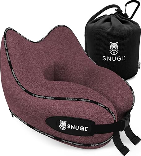 SNUGL Travel Pillow – Memory Foam Neck Pillow for Travel – Support Cushion for Airplane with Carry Bag & Clip - Holiday Essentials (Light Red - Adult Regular)