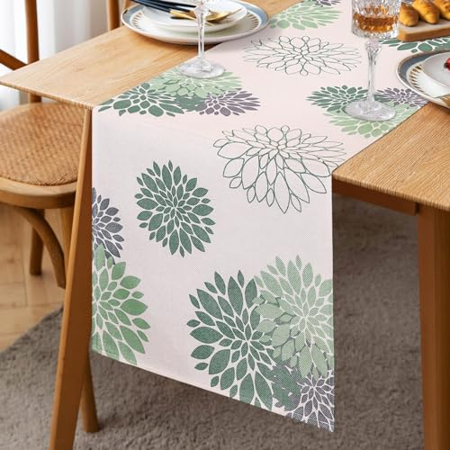 Inhobbok Tischläufer Grün Grau Leinen Dahlie Blume 40x140cm Modern Attraktiv Bauernhaus Blumentisch Mitte Dekor Frühling Sommer für Wohnzimmer Home Essparty Eingang Terrasse