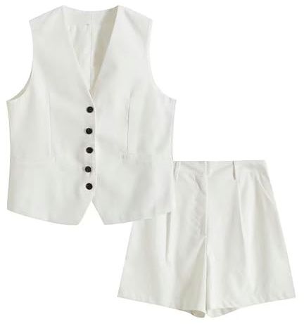 Set Gilet Casual Estivo Gilet Ampio in Misto Lino + Pantaloncini Set Abito da Donna-Bianco A0-M