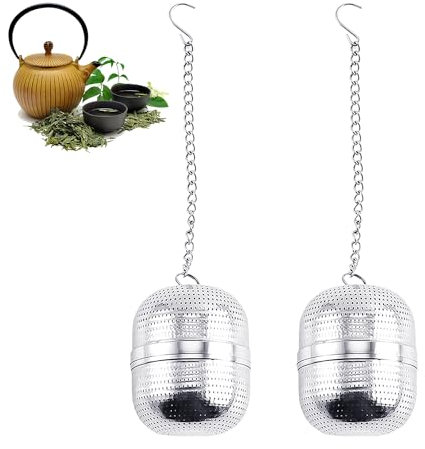 Tetera de acero inoxidable de 2 piezas, filtro de té con cadena, tetera suelta, bolas de té sueltas, filtro de bola de té, filtro de polvo de té, adecuado para tazas y teteras (plata)