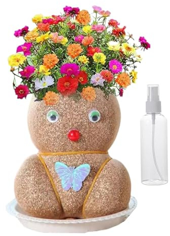 Pianta a testa di erba crescente, 3 bambole con testa di erba in crescita, piante da 10 cm in vaso, bambola con testa d'erba, bambola con vassoi e bottiglie spray per uomini, donne e bambini
