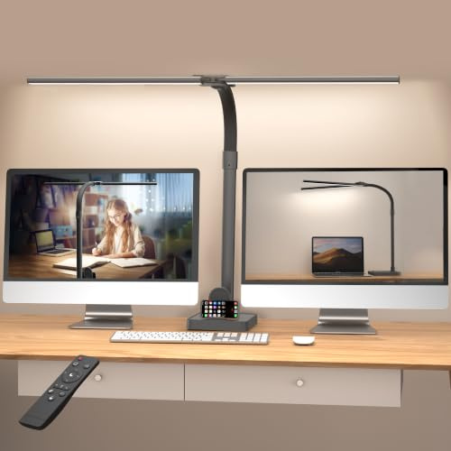 LOTTBUTY Doppelkopf Schreibtischlampe LED dimmbar,24W 80CM Homeoffice Tageslichtlampe Schreibtisch Lampe, Schwanenhals Büro Tischlampe schwarz, Augenschutz Monitorlampe,5 Farbmodi