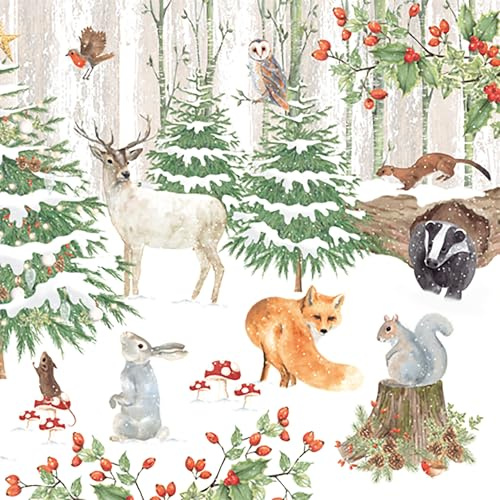 Servietten Papier 33x33cm 20 Stück Waldtiere im Winterwald - hochwertig & nachhaltig - Einweg Winterservietten 3-lagig - Papierservietten für Winter & Weihnachten Gastronomie Alltag - Weiß Grün Braun