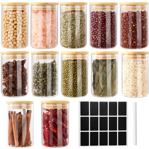 FoiiLiio 12 Bocaux à Épices Ronds en verre 250 ml avec couvercle en Bambou, RéCipient à ÉPices, Ensemble de Pots à ÉPices, Boite a Epices Cuisine Rangement avec Étiquettes Vierges