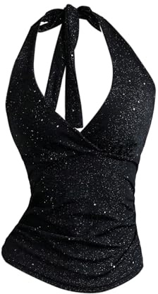 GORGLITTER Haut pour femme Top à encolure américaine Hauts scintillants Crop top Haut d'été dos nu Sans manches Débardeur élégant Chemise à bretelles Été Halter Hauts, Noir , L