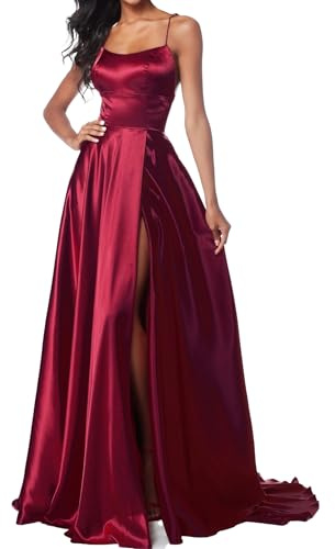 Lecureler Long Satin Spaghetti Strap Prom Dress Burgundy Size 10
