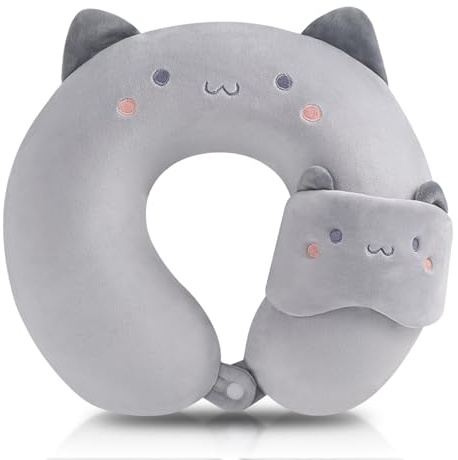 2 pcs Cuscino Collo Gatto,cuscino del collo animale del fumetto,Cuscino Da Viaggio Dei Cartoni Animati, Cuscino Da Viaggio Con Cartoni Animati, Aereo, Campeggio, Ufficio e Casa (Gatto grigio)