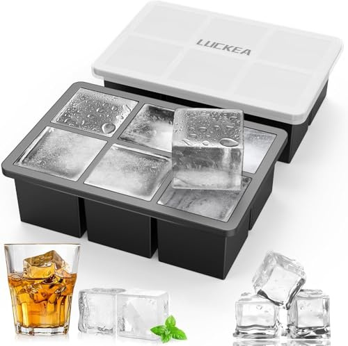 Silicone Ice Cube Tray with Lid - 2 Pack 6 Square Large Ice Cube Tray, BPA Free, Easy Release, Stackable Ice Cube Moulds for Whiskey, Cocktails, Juice, Ice Cream, 2psc Black