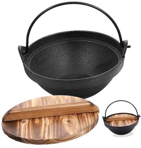 Healifty Olla Antiadherente Estilo Japonés con Tapa de Madera de Hierro Fundido y Segura para Cocinar Sopa y Ramen en Exteriores y Hogar