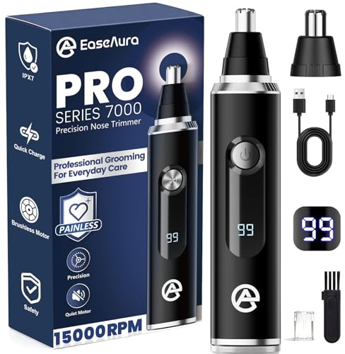 EaseAura® Taglia Peli Naso e Orecchie Ricaricabile, Rasoio per Peli Naso Uomo & Donna, Leva Tagliapeli Naso Professionale, Nose Trimmer Naso, Elettrico Rifinitore Precisione, Display LED,Lavabile IPX7
