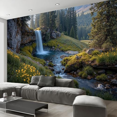Cascadas Forestales Y Flores Silvestres Papel Pintado Fotomurales Para, Tranquilidad Natural Papel Tapiz Pintado seda - Pared Moderna, Verde Murales Fotográficos Decorativos - 250 x 175 cm