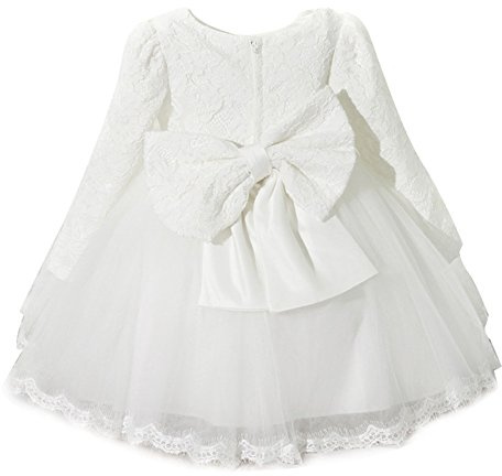 Vestito Principessa Bambine Abiti Per Cerimonia Matrimonio Damigella Bimba Maniche Lunghe Pizzo Bowknot Filati Netti Elegant Comunione Festival Partito Vestiti Bianco/140cm