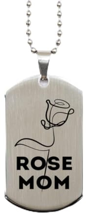 for Plant Mom, Rose Mom, Romantic Flower, Valentine, Mommy Gifts from daughter. Birthday for her, Mother's Day, Christmas gifts for mom, Silver Necklace, Engraved Dog Tag