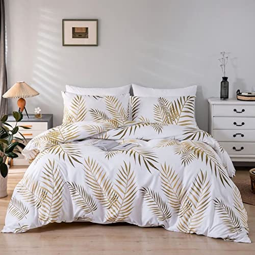 ESPFHN 3Pcs King Duvet Cover Sets Golden Leaf Tropical Palm Leaves Duvet Cover Reversible Soft Bedding Quilt Cover with Zipper Closure & Corner Ties(1 Duvet Cover + 2 Pillowcases) 220X230cm