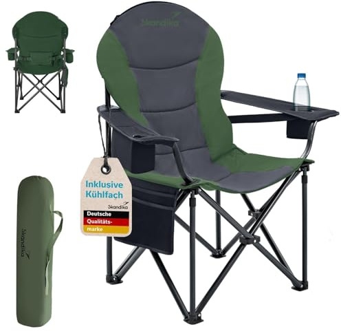 Skandika Chaise de Camping Relax Comfort | Chaise Pliante Confortable, Porte-Boisson, Compartiment réfrigéré, Max. 160 kg, Pliable, légère | Chaise Pliante pour Camping, Festival, pêche (Vert/Gris)