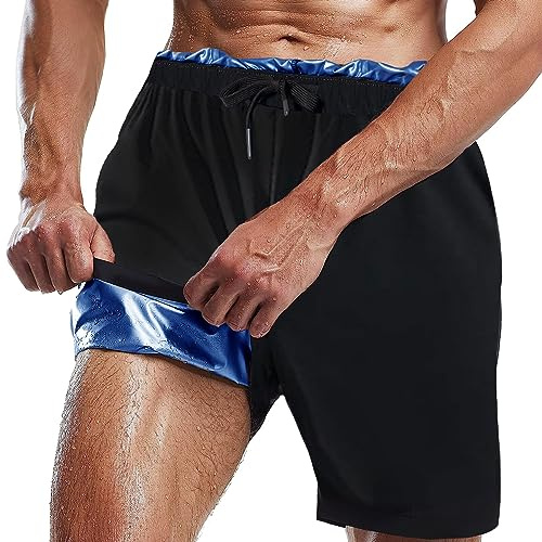 Everfion Sauna Shorts for Men Sweat Pants with Drawstring, Heat Trapping Sweat Shorts Sauna Suit for Men Workout Gym Exercise, Blue, L
