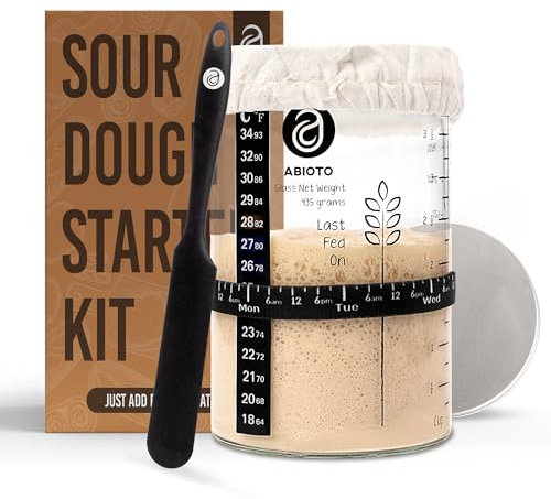ABIOTO Sourdough Jar Kit, Includes 34 oz Sourdough Starter Jar with Metallic Lid, Silicone Spatula, Feeding Tracker, Extra Thermometer Strips & Breathable Covers – Sourdough Bread Starter Kit