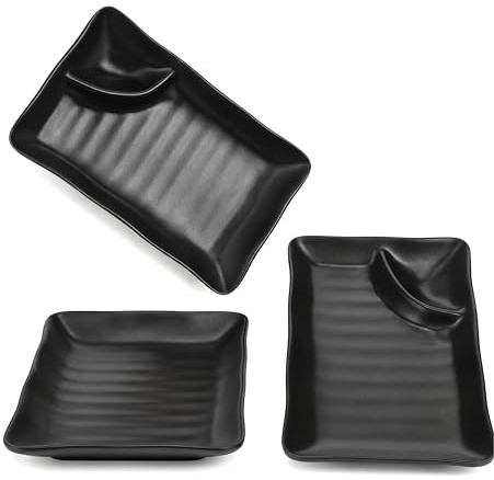 PRETYZOOM Japanese Dumpling Plate Set of 3 with Sauce Section, Black Melamine Rectangular Serving Dish 7.5 x 4.5 Inch for Sushi Rolls, Appetizers, Snacks, Home Kitchen or Party