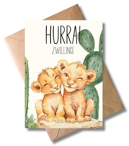 WBdesignz Glückwunschkarte zur Geburt von Zwillingen - Bezaubernde Geschenkarte mit Umschlag Hurra Zwillinge! Herzliche Glückwünsche Babybarty Geburtsglückwunsch Babyglückwünsche (DIN A6)