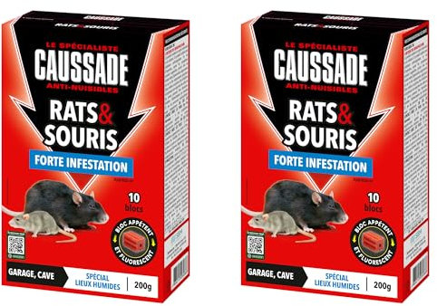CAUSSADE Anti Rats & Souris - Efficacité Radicale - Lieux très humides – 20 Appâts Blocs Fluorescents - Prêt à l'emploi - Une Ingestion Suffit - 400g CARSBL200X2