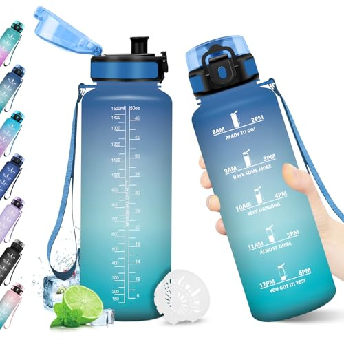 Borraccia 1.5L, Bottiglia Riutilizzabile, Borraccia con Filtro, Borraccia Sportiva con Marcatori Temporali, Bottiglia senza BPA, A Prova di Perdite, Borraccia Sport per Fitness, Adulti, Ufficio