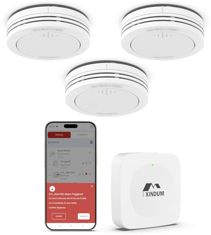 Détecteur de fumée connecté avec Station de Base, Alarme Incendie 10 Ans, Conforme à la Norme EN14604, avec Batterie remplaçable, Compatible avec l'application XINDUM, 3 unités