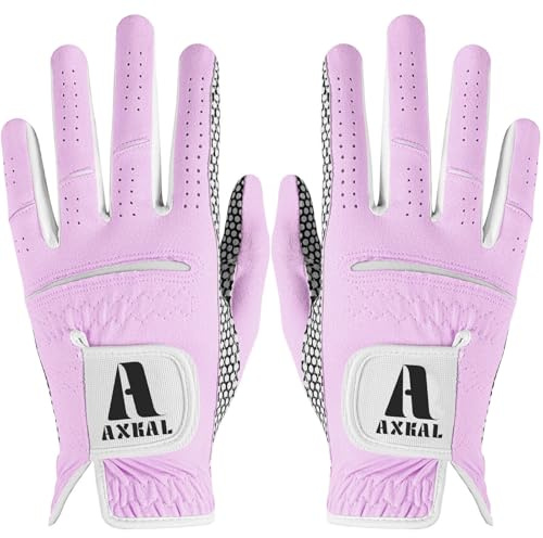 AXKAL Lot de 2 gants de golf pour femme avec prise en main améliorée et confortable, main droite, gants de golf légers et respirants toutes saisons, violet rose, tailles S, M, M, L, XL (violet, S